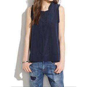 Madewell Women’s Navy Sleeveless 100% Silk Ruffle Sheer Blouse Top Sz Small